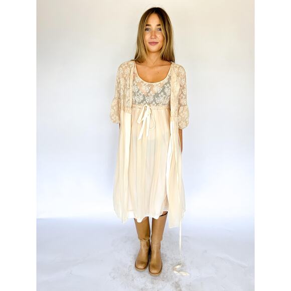 Vintage Sheer Lace Midi Dress Set - Cream Lingerie Slip & Jacket - Picture 9 of 9